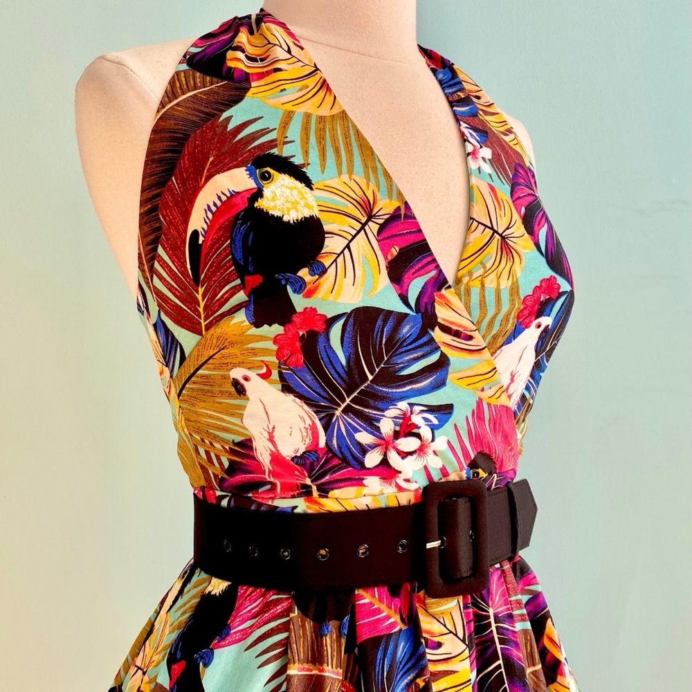 Unique Vintage Tropical Birds and Plants Halter Dress - Picture 2 of 7